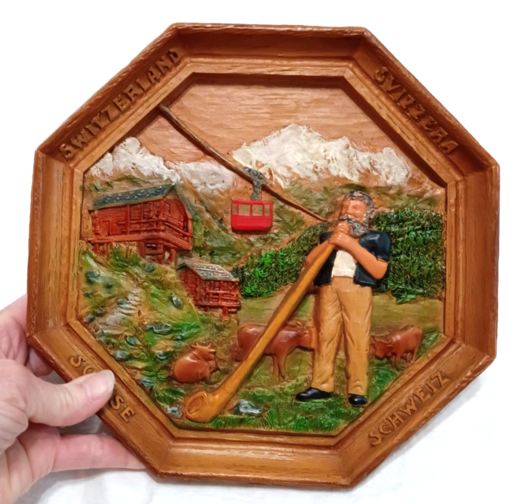 VTG Switzerland Alpine Cable Car 70's 3d Wood Carved Octagon Wall Art READ